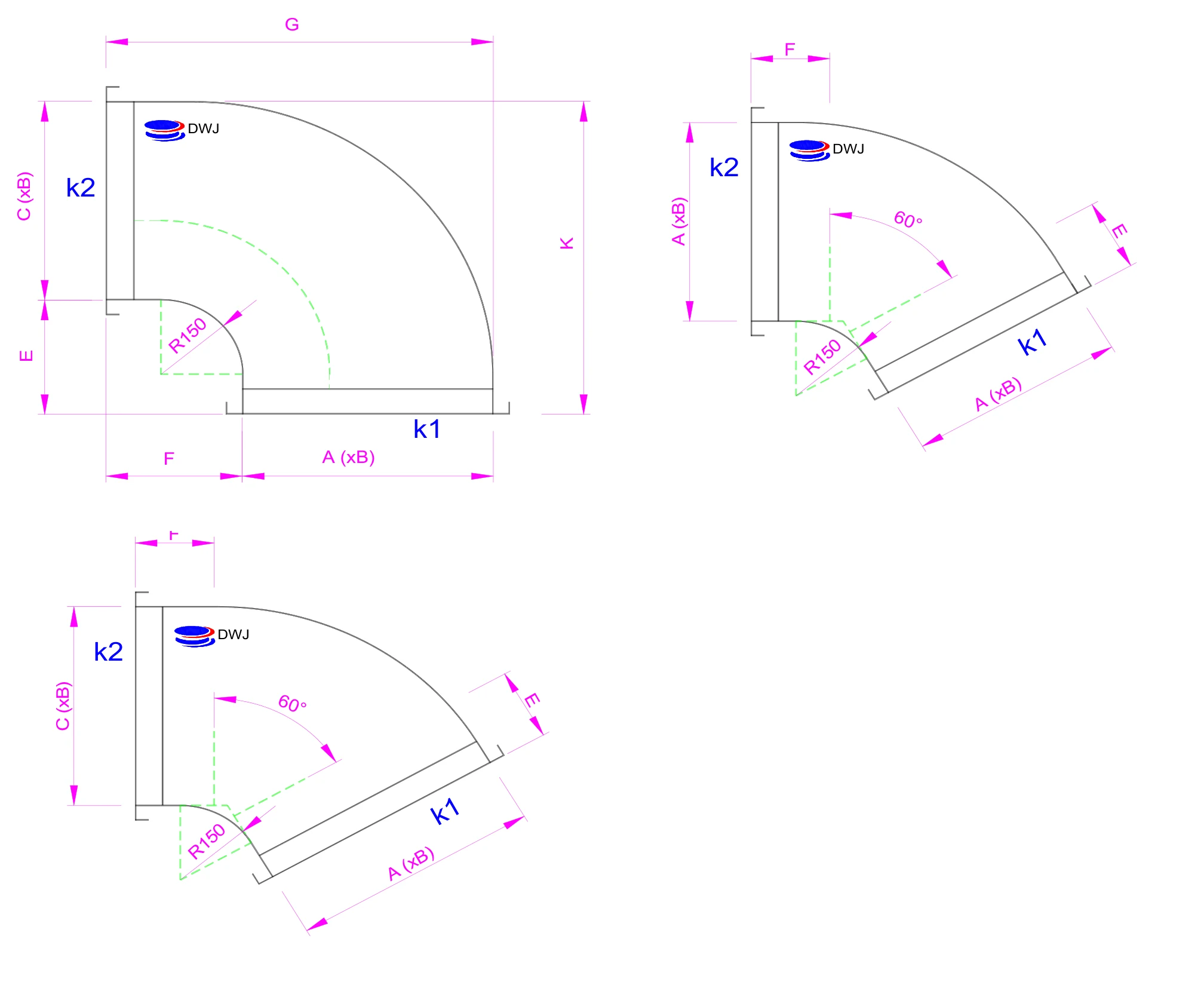 Dimension drawing Special bends