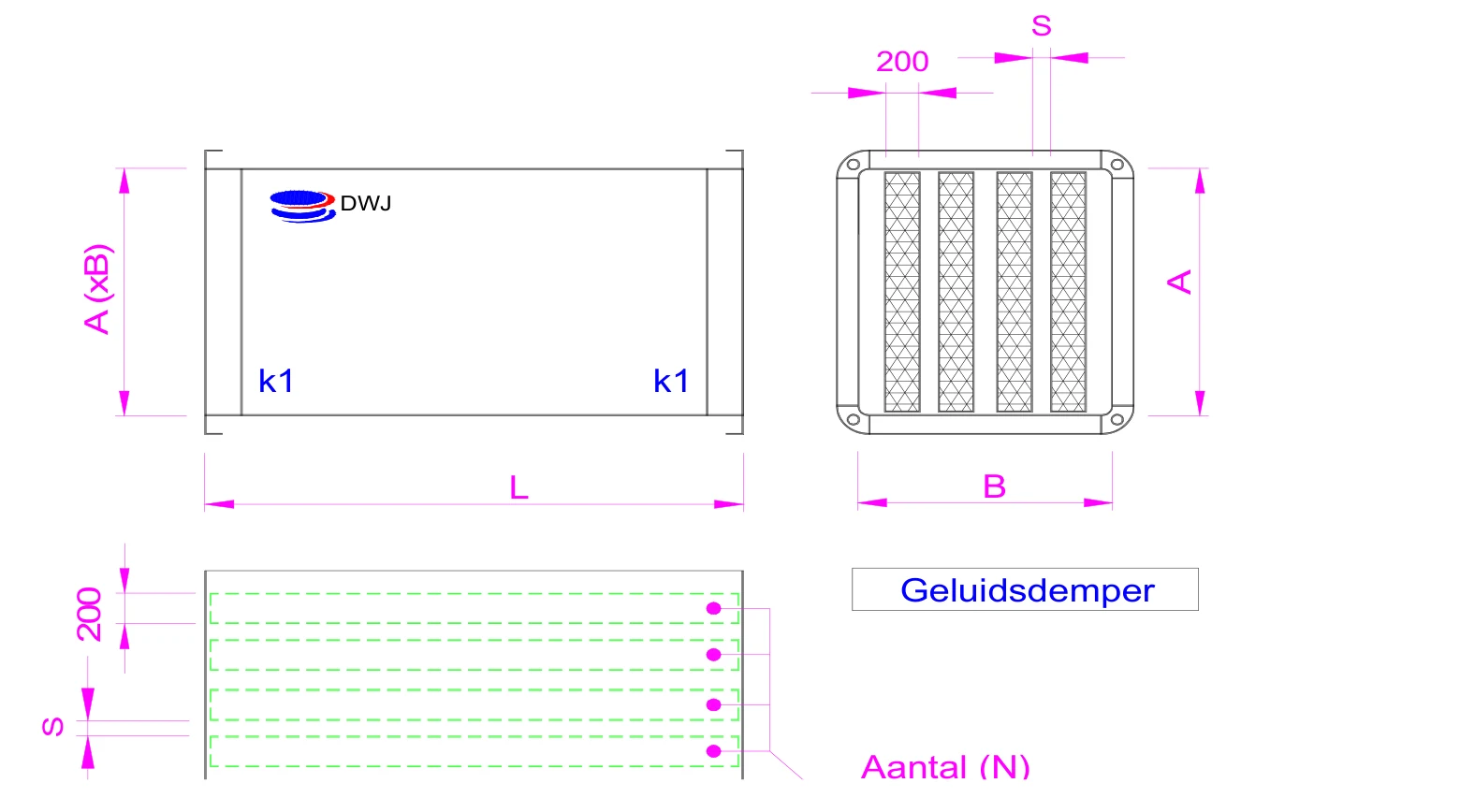 Dimension drawing Silencers with 200 mm baffles