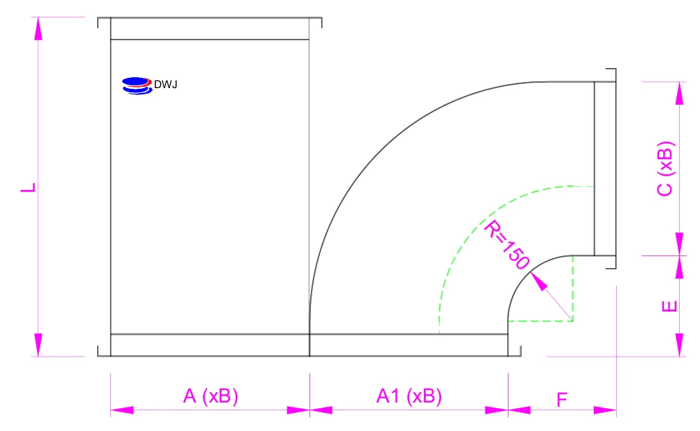 Dimension drawing Duct with bend