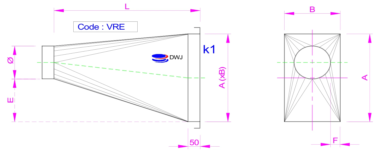 Dimension drawing Square-to-round, eccentric in one direction
