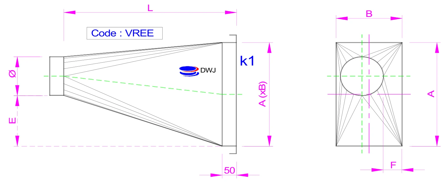 Dimension drawing Square-to-round, eccentric in two directions