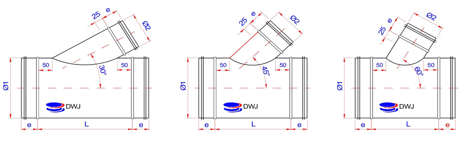 Dimension drawing Angled tees